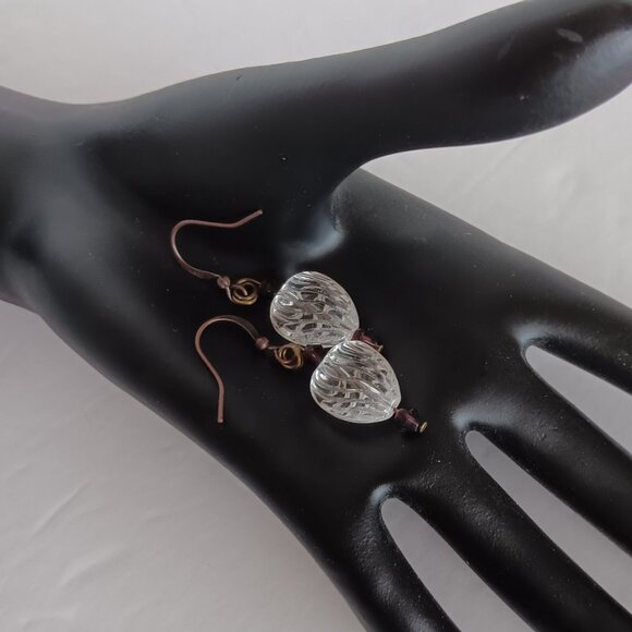 Handma Earrings With Textured Glass Heart Beads Mounted on Aged Copper Fishhooks - Picture 16 of 16